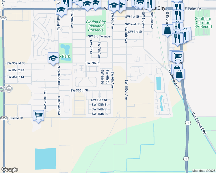 map of restaurants, bars, coffee shops, grocery stores, and more near 604 Southwest 11th Street in Homestead