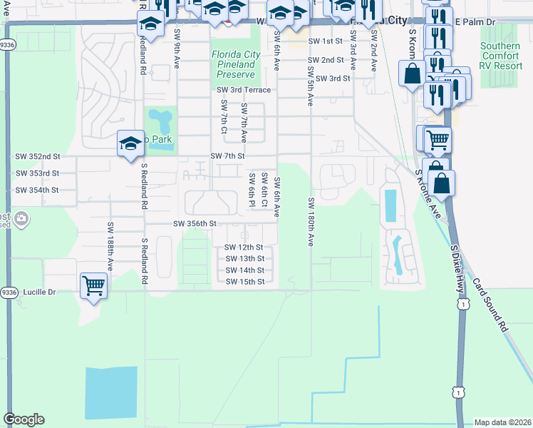 map of restaurants, bars, coffee shops, grocery stores, and more near 604 Southwest 11th Street in Homestead
