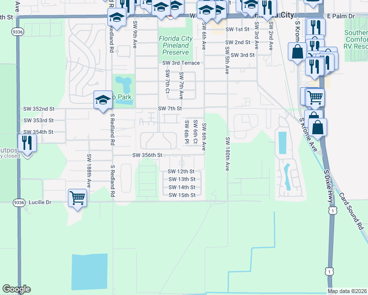 map of restaurants, bars, coffee shops, grocery stores, and more near 680 Southwest 11th Street in Homestead