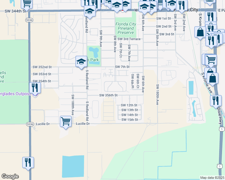 map of restaurants, bars, coffee shops, grocery stores, and more near 849 Northwest 10th Street in Florida City