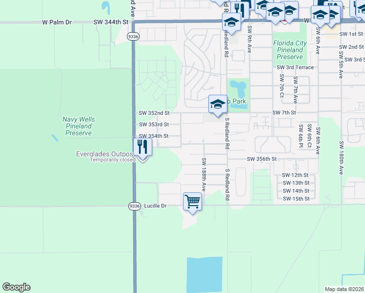 map of restaurants, bars, coffee shops, grocery stores, and more near 35511 Southwest 189th Avenue in Homestead