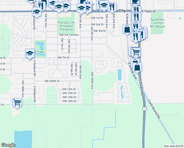 map of restaurants, bars, coffee shops, grocery stores, and more near 35302 Southwest 180th Avenue in Homestead