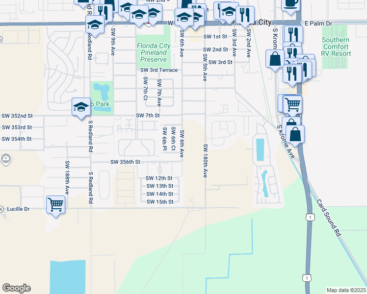 map of restaurants, bars, coffee shops, grocery stores, and more near 916 Southwest 6th Avenue in Homestead