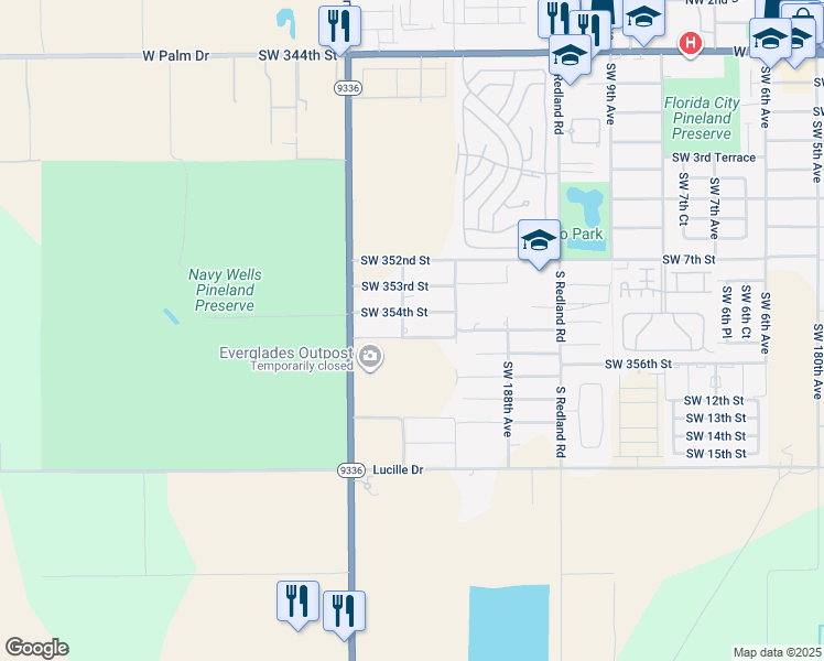 map of restaurants, bars, coffee shops, grocery stores, and more near 18980 Southwest 354th Street in Homestead