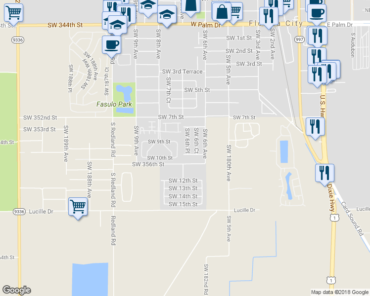 map of restaurants, bars, coffee shops, grocery stores, and more near 908 Southwest 6th Place in Homestead