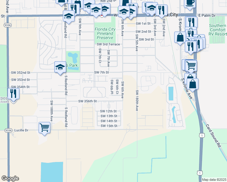 map of restaurants, bars, coffee shops, grocery stores, and more near 908 Southwest 6th Place in Homestead