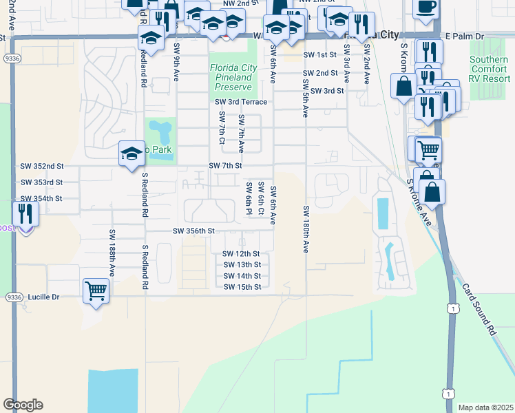 map of restaurants, bars, coffee shops, grocery stores, and more near 908 Southwest 6th Place in Homestead