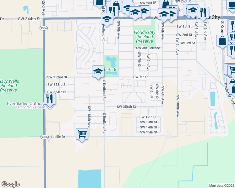 map of restaurants, bars, coffee shops, grocery stores, and more near 18501 Southwest 354th Terrace in Florida City