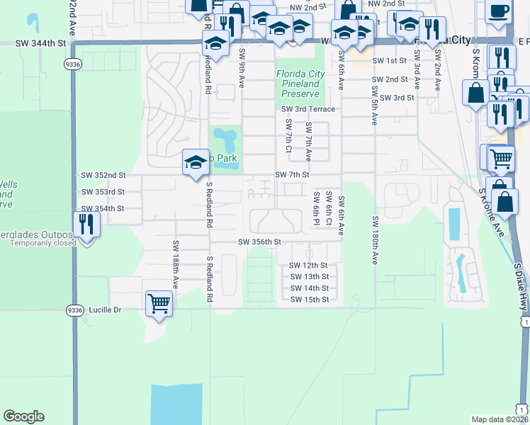 map of restaurants, bars, coffee shops, grocery stores, and more near 902 Southwest 8th Place in Florida City