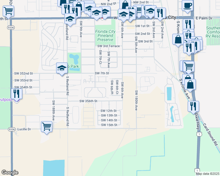map of restaurants, bars, coffee shops, grocery stores, and more near 908 Southwest 6th Place in Homestead