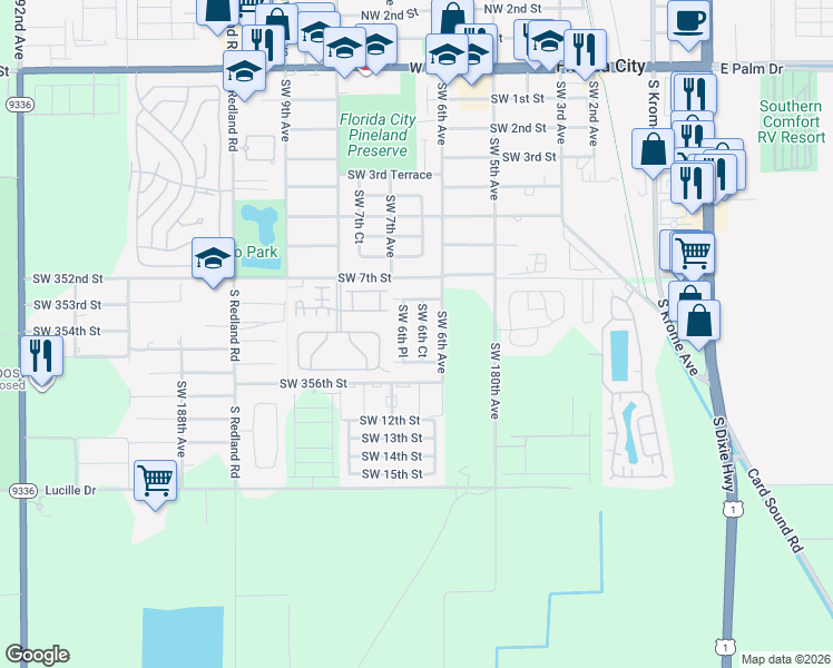 map of restaurants, bars, coffee shops, grocery stores, and more near 908 Southwest 6th Place in Homestead