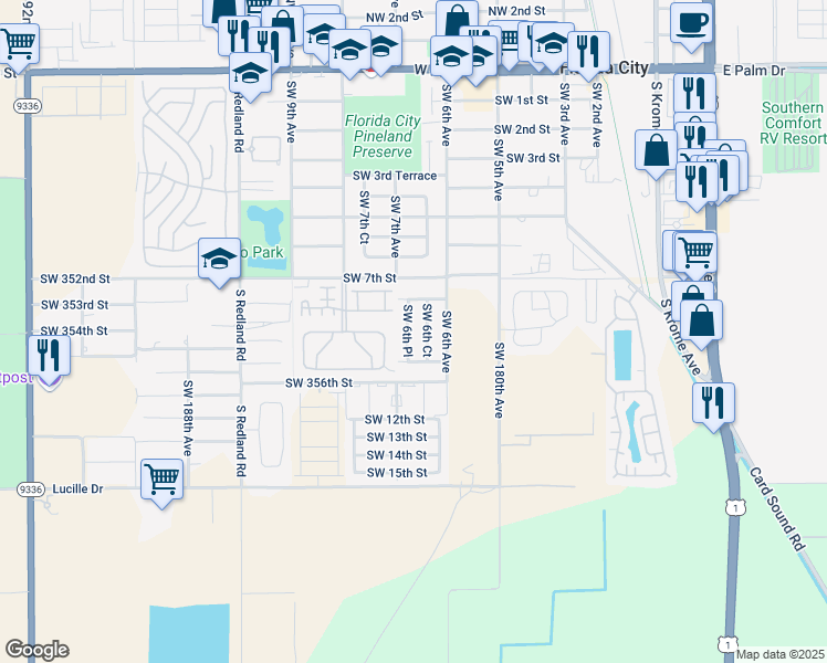 map of restaurants, bars, coffee shops, grocery stores, and more near 901 Southwest 6th Place in Florida City