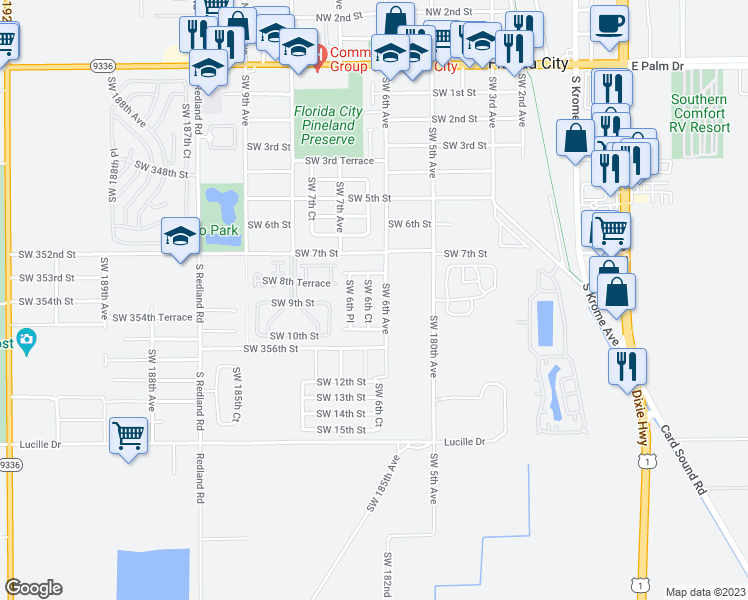 map of restaurants, bars, coffee shops, grocery stores, and more near 885 Southwest 6th Court in Homestead