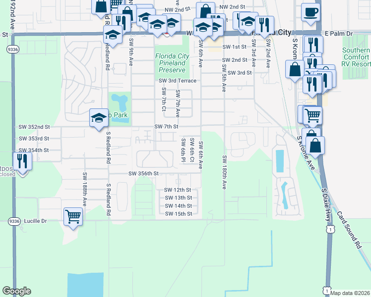 map of restaurants, bars, coffee shops, grocery stores, and more near 908 Southwest 6th Place in Homestead