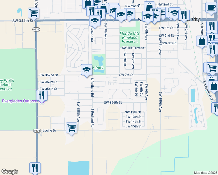 map of restaurants, bars, coffee shops, grocery stores, and more near 898 Southwest 9th Street in Homestead