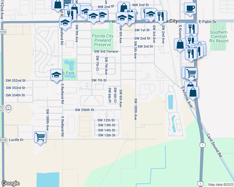 map of restaurants, bars, coffee shops, grocery stores, and more near 916 Southwest 6th Avenue in Homestead