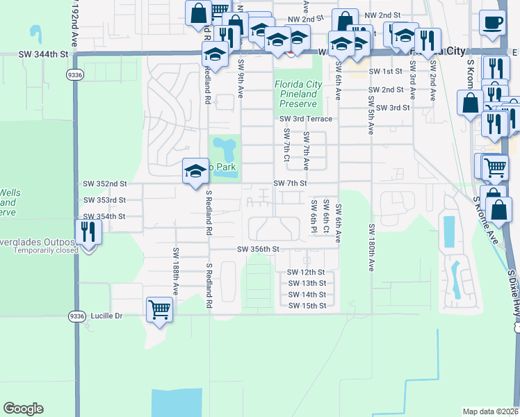 map of restaurants, bars, coffee shops, grocery stores, and more near 902 Southwest 8th Place in Florida City