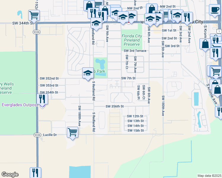 map of restaurants, bars, coffee shops, grocery stores, and more near 872 Southwest 9th Court in Homestead