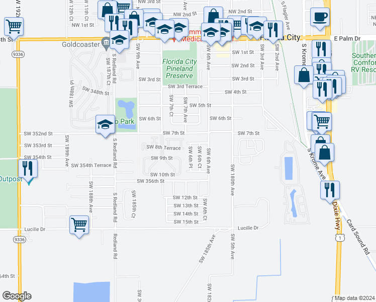 map of restaurants, bars, coffee shops, grocery stores, and more near 908 Southwest 6th Place in Homestead