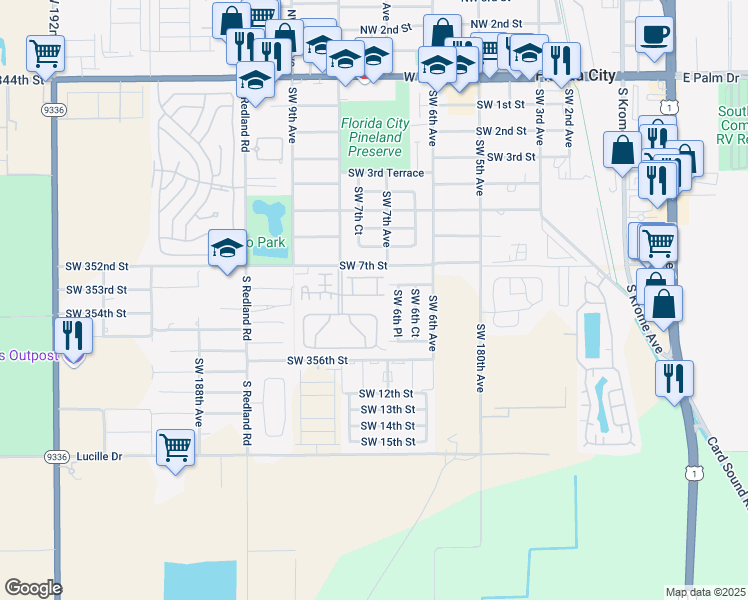 map of restaurants, bars, coffee shops, grocery stores, and more near 909 Southwest 7th Place in Florida City