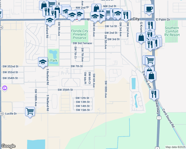 map of restaurants, bars, coffee shops, grocery stores, and more near 916 Southwest 6th Avenue in Homestead