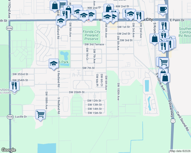 map of restaurants, bars, coffee shops, grocery stores, and more near 908 Southwest 6th Place in Homestead