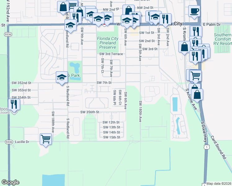 map of restaurants, bars, coffee shops, grocery stores, and more near 908 Southwest 6th Place in Homestead