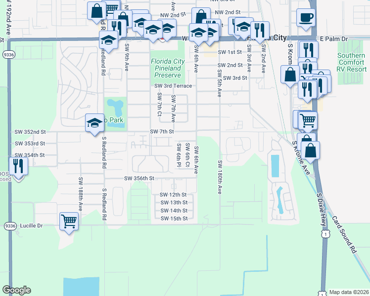 map of restaurants, bars, coffee shops, grocery stores, and more near 908 Southwest 6th Place in Homestead