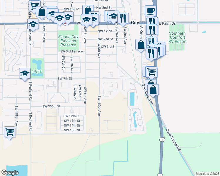 map of restaurants, bars, coffee shops, grocery stores, and more near 311 Southwest 179th Avenue in Homestead