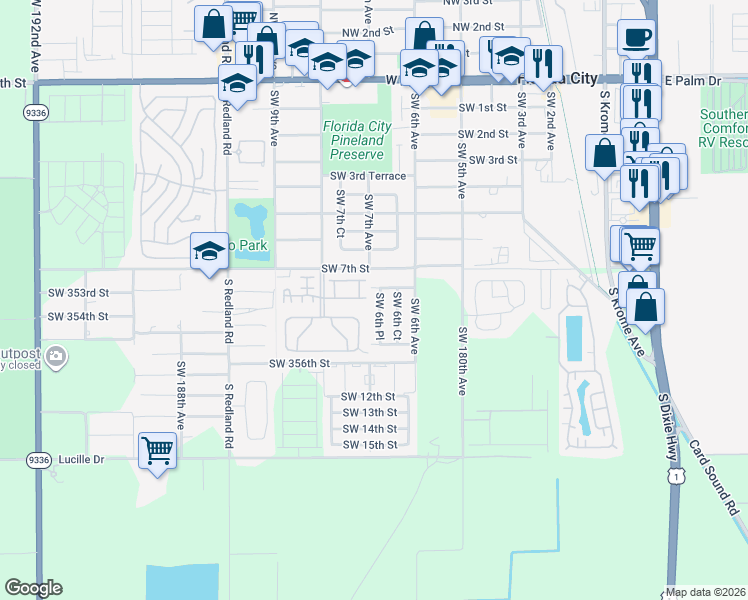 map of restaurants, bars, coffee shops, grocery stores, and more near 680 Southwest 7th Street in Florida City