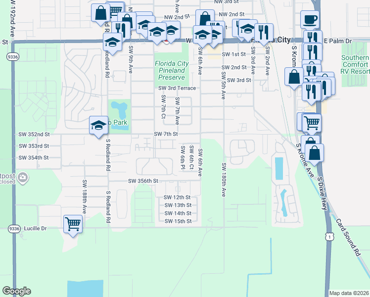 map of restaurants, bars, coffee shops, grocery stores, and more near 680 Southwest 7th Street in Florida City