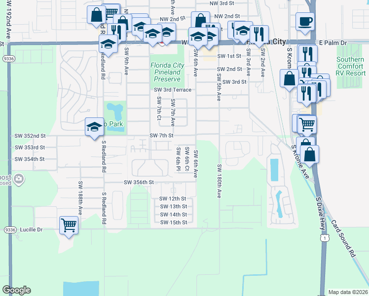 map of restaurants, bars, coffee shops, grocery stores, and more near 680 Southwest 7th Street in Florida City