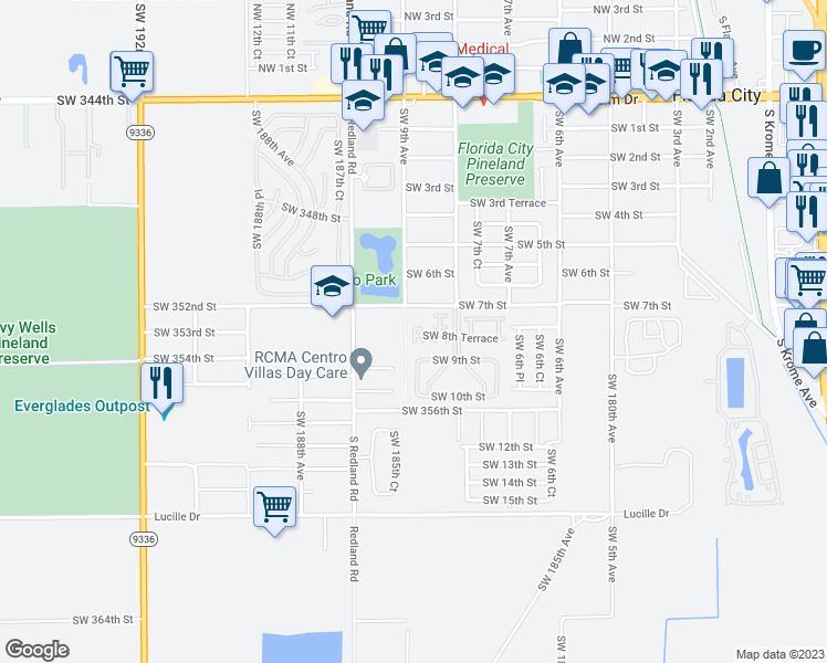 map of restaurants, bars, coffee shops, grocery stores, and more near 840 Southwest 7th Plaza in Florida City