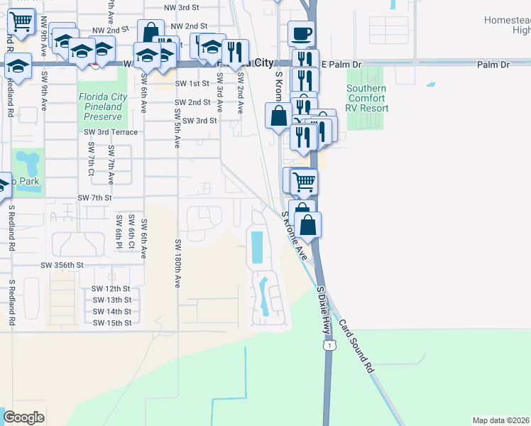 map of restaurants, bars, coffee shops, grocery stores, and more near 660 Southwest 3rd Avenue in Homestead