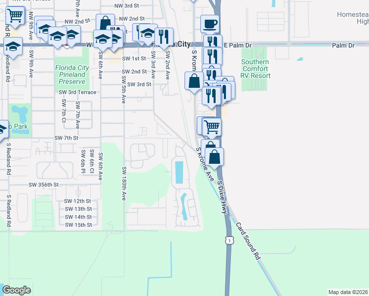 map of restaurants, bars, coffee shops, grocery stores, and more near 660 Southwest 3rd Avenue in Homestead