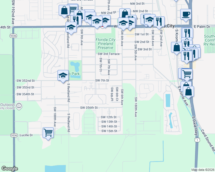 map of restaurants, bars, coffee shops, grocery stores, and more near 680 Southwest 7th Street in Florida City