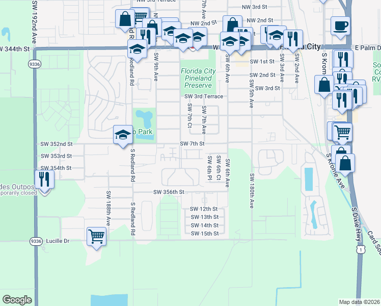 map of restaurants, bars, coffee shops, grocery stores, and more near 769 Southwest 7th Terrace in Florida City