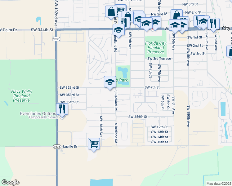 map of restaurants, bars, coffee shops, grocery stores, and more near in Florida City