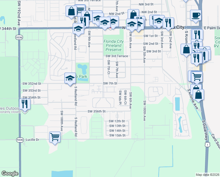 map of restaurants, bars, coffee shops, grocery stores, and more near 769 Southwest 7th Terrace in Florida City