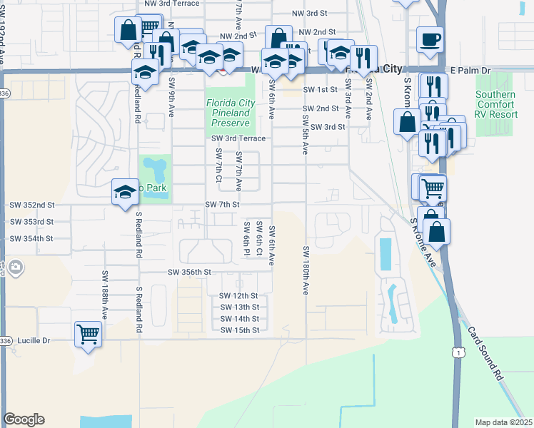 map of restaurants, bars, coffee shops, grocery stores, and more near 604 Southwest 7th Street in Florida City