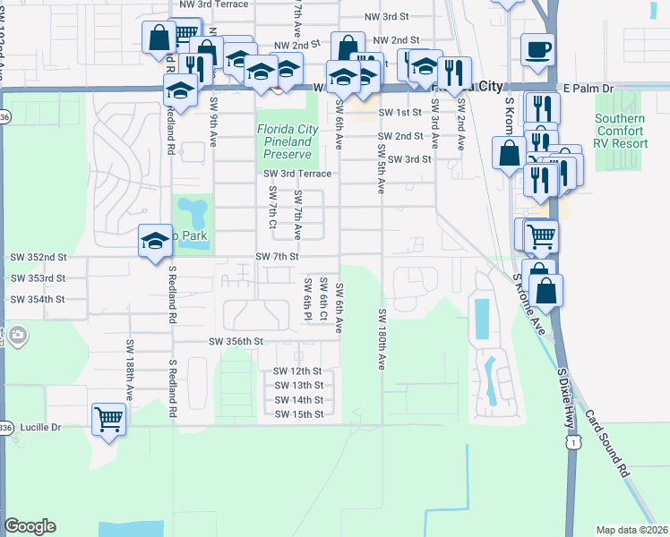 map of restaurants, bars, coffee shops, grocery stores, and more near 604 Southwest 7th Terrace in Florida City