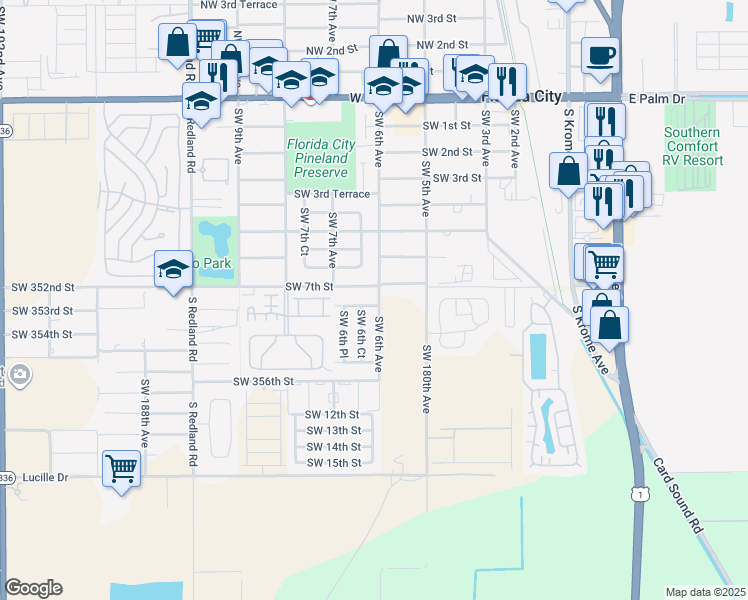 map of restaurants, bars, coffee shops, grocery stores, and more near 604 Southwest 7th Street in Florida City