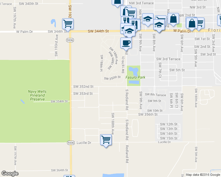 map of restaurants, bars, coffee shops, grocery stores, and more near 18830 Southwest 352nd Street in Homestead