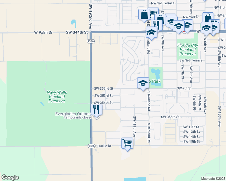 map of restaurants, bars, coffee shops, grocery stores, and more near 18990 Southwest 352nd Street in Homestead