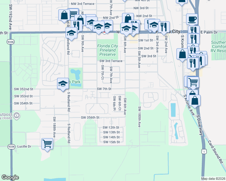 map of restaurants, bars, coffee shops, grocery stores, and more near 680 Southwest 7th Street in Florida City