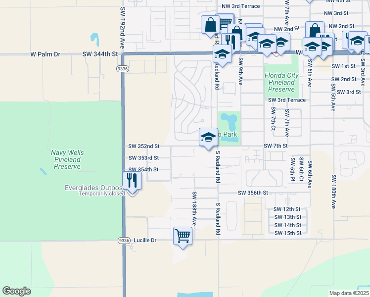 map of restaurants, bars, coffee shops, grocery stores, and more near 18830 Southwest 352nd Street in Homestead