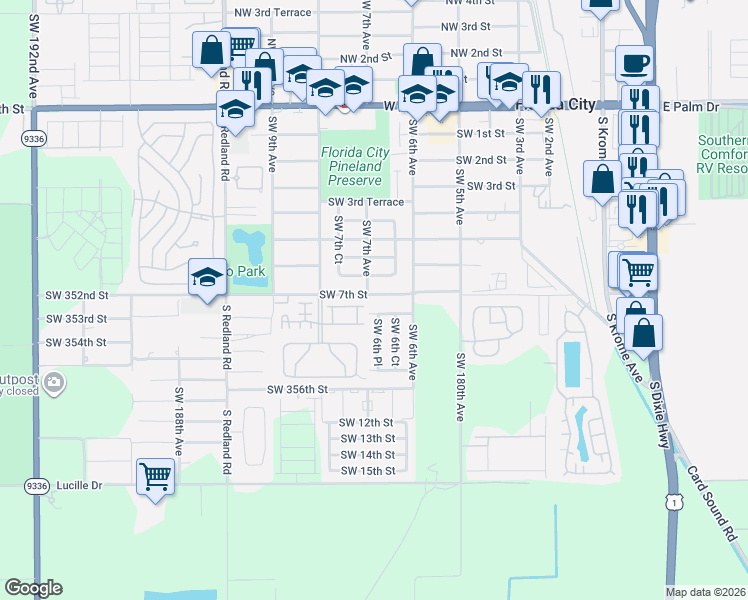 map of restaurants, bars, coffee shops, grocery stores, and more near 680 Southwest 7th Street in Florida City