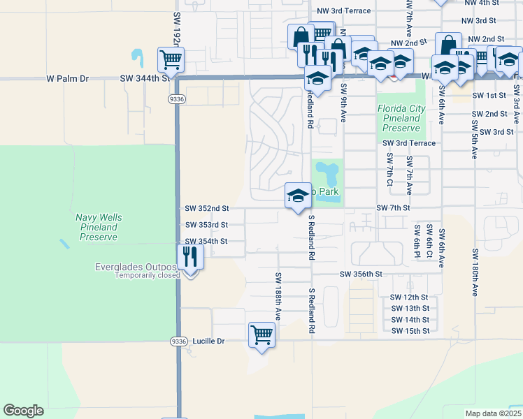 map of restaurants, bars, coffee shops, grocery stores, and more near 18830 Southwest 352nd Street in Homestead