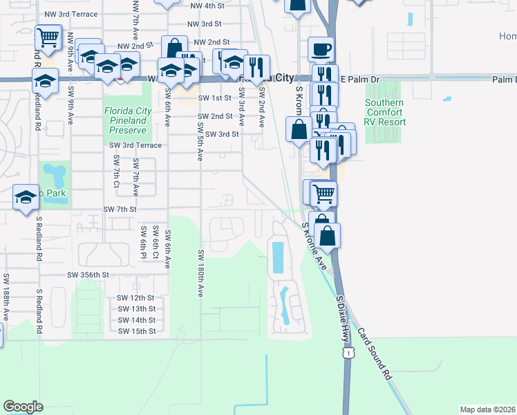map of restaurants, bars, coffee shops, grocery stores, and more near 143 Southwest 6th Lane in Florida City