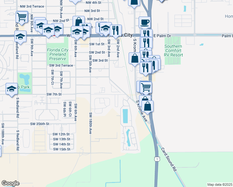 map of restaurants, bars, coffee shops, grocery stores, and more near 143 Southwest 6th Lane in Florida City